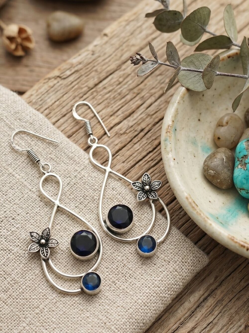 Genuine Tanzanite 925 Silver Boho Floral Teardrop Dangle Earrings Blue 2.7in